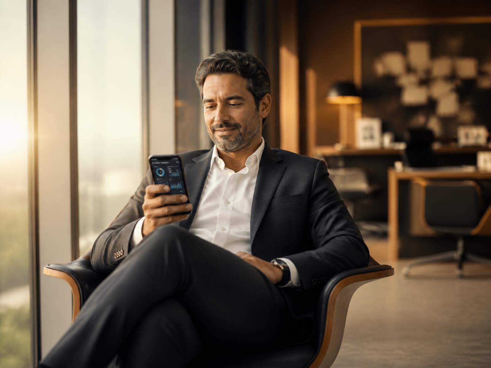 Empresário relaxado acompanhando os indicadores da empresa pelo celular